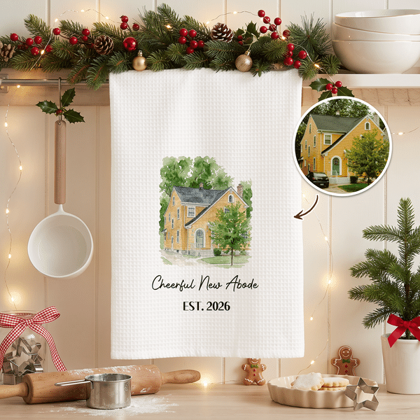 Personalized Watercolor House Photo Soft Waffle Tea Towel with Text and Year Kitchen Decor Housewarming Christmas Gift for Family Friends