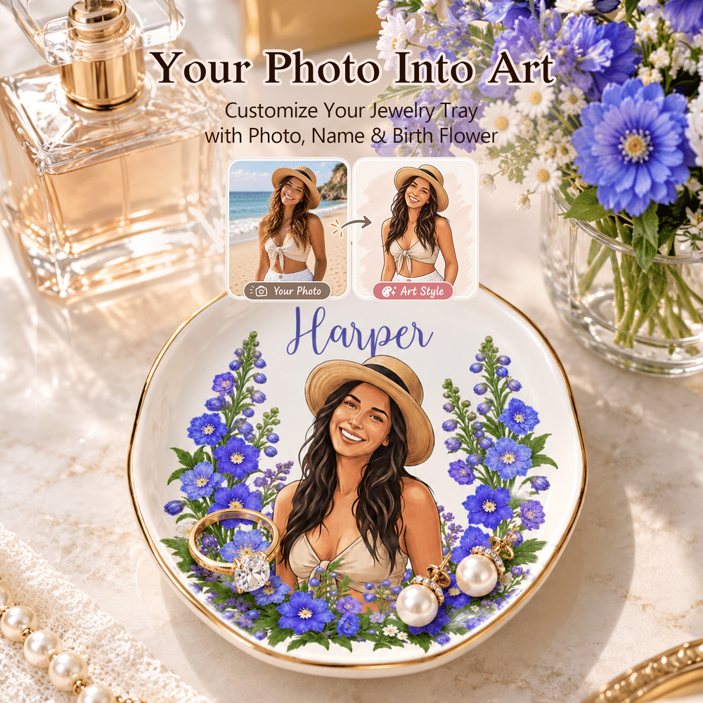 Personalised Elegant Birth Flower Portrait Gold Rim Ceramic Jewellery Dish with Photo and Name Birthday Gift for Women Friends 3