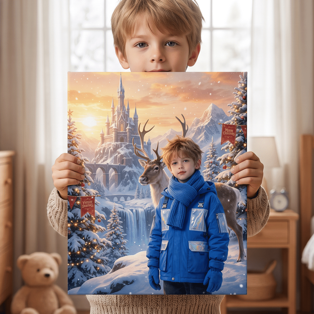 Stampe su tela personalizzate con foto di renne nella foresta di pini innevati – Decorazioni da parete per la casa – Regalo di Natale o di compleanno per familiari e amici 5