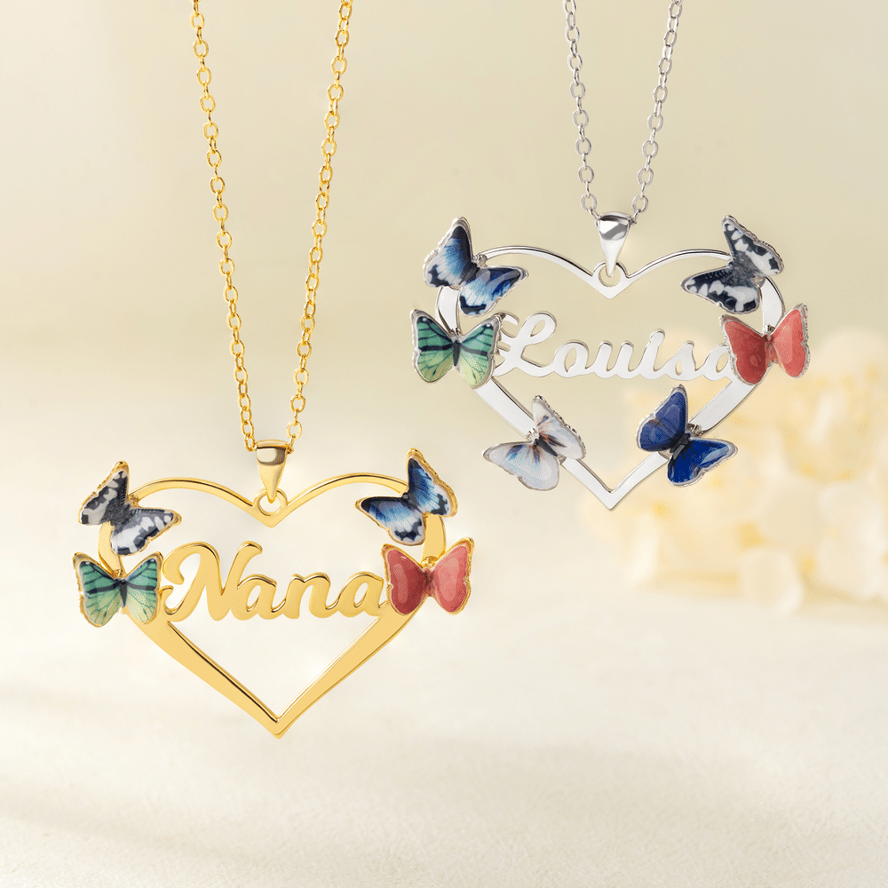 Collar personalizado de plata de ley con mariposas, corazón y el número 1-8, ideal para celebrar el nacimiento de un familiar, con nombre; regalo de aniversario o de cumpleaños para mujer o madre 3