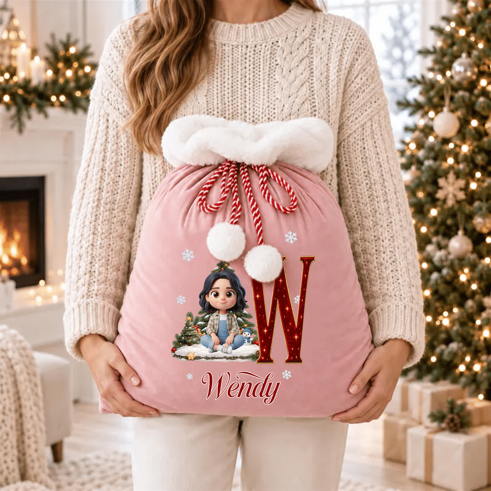 Personalised 3D-Effect Artwork Cartoon Character Photo Velvet Pom-Pom Santa Sack Gift Bag with Name Holiday Decor Christmas Gift for Kids Family 6