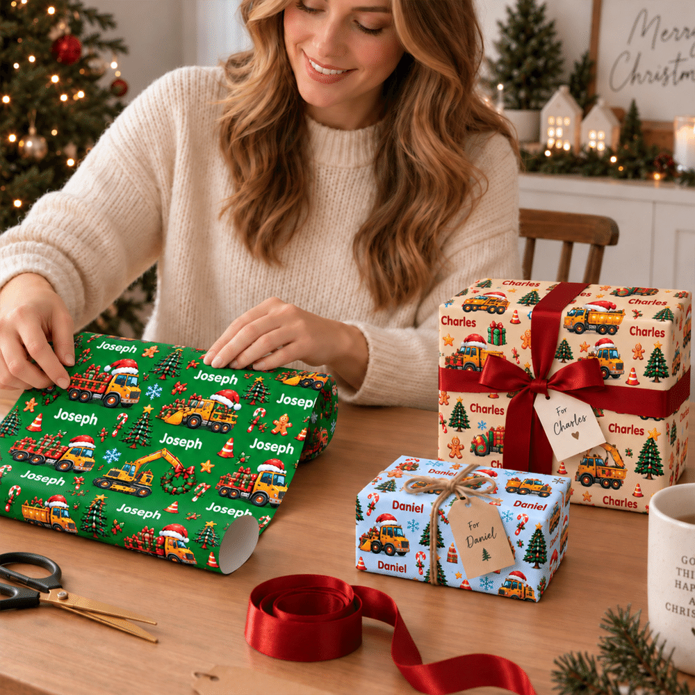 Papel de regalo personalizado con motivos de vehículos de construcción y árboles de Navidad, con nombre, ideal para envolver regalos de Navidad para niños, amigos y familiares 6