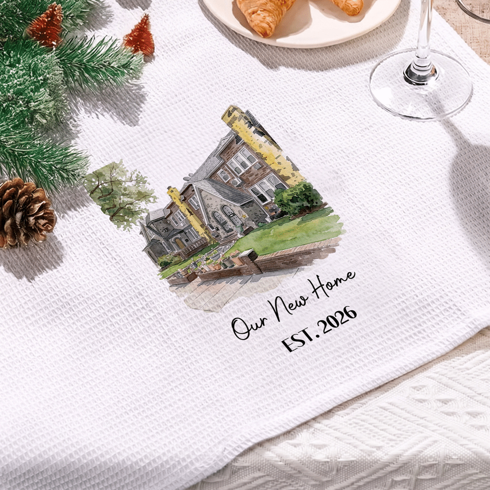 Personalised Watercolor House Photo Soft Waffle Tea Towel with Text and Year Kitchen Decor Housewarming Christmas Gift for Family Friends 4