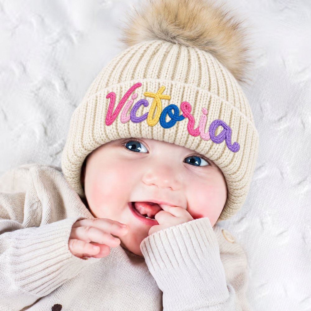 Individuell gestaltete, mit mehrfarbigem Garn umwickelte, weiche Baby-Strickmütze mit Pompon, ab 2 Monaten bis 6 Jahren, für den Winteralltag, als Geschenk zur Babyparty für Babys und Kleinkinder 7