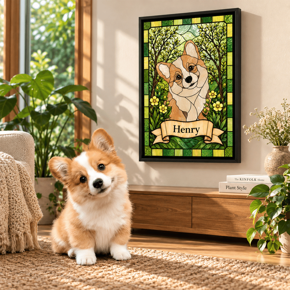Gepersonaliseerde canvasafdrukken in glas-in-loodstijl met foto van huisdier en naam – Wanddecoratie voor thuis, verjaardagscadeau voor huisdiereigenaren en -liefhebbers 5