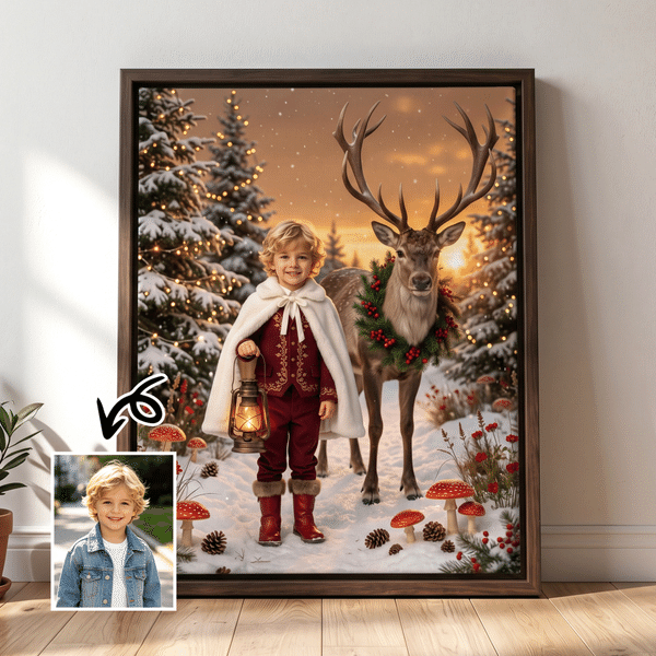 Stampe su tela personalizzate con foto di renne nella foresta di pini innevati – Decorazioni da parete per la casa – Regalo di Natale o di compleanno per familiari e amici