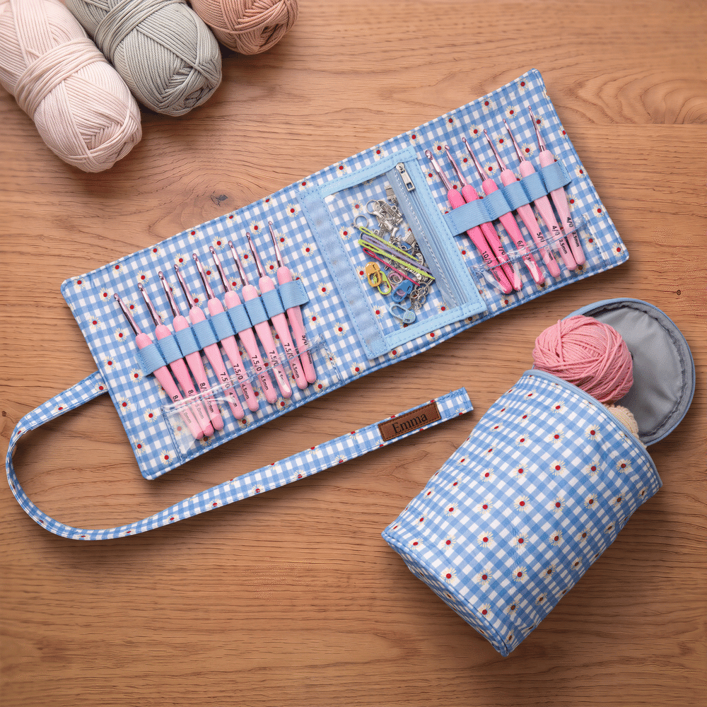 Personalized Daisy Gingham Crochet Hook Organizer Yarn Ball Storage Bag with Name and Handle Daily Use Birthday Gift for Crochet Lovers Women 3