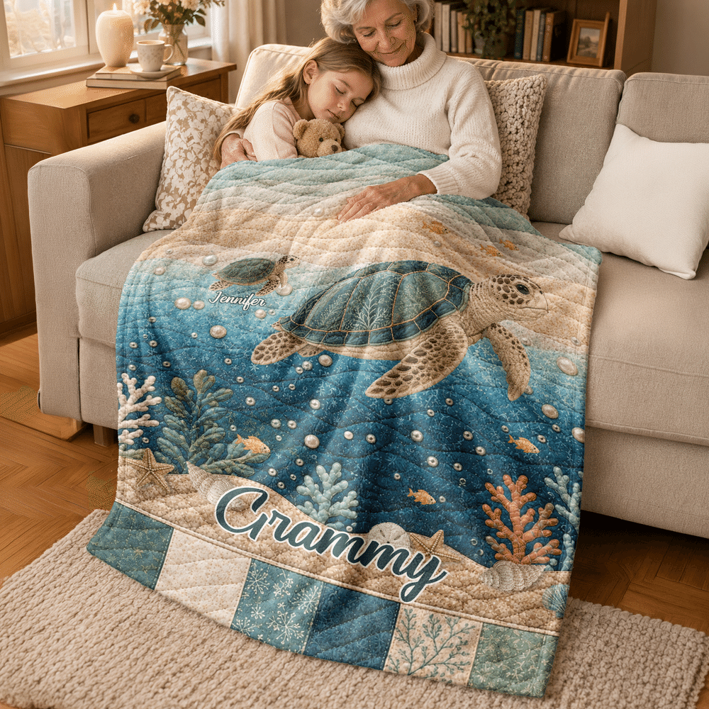 Personalised Sea Turtle Family Quilt-Effect Soft Throw Blanket with Title and 1-10 Names Home Decor Birthday Christmas Gift for Mum Gran Family 4