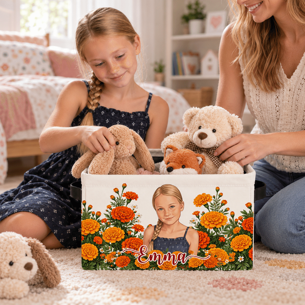 Personalised Birth Flower Portrait Large Capacity Storage Basket with Handle and Name Daily Use Birthday Christmas Gift for Friends Family 5