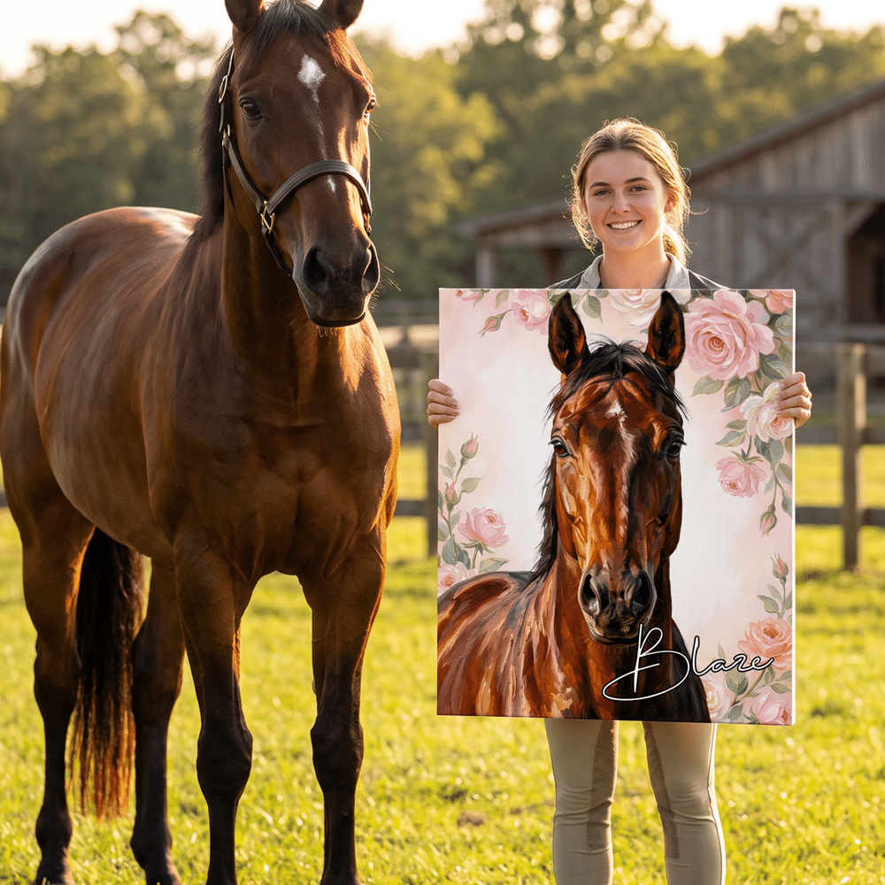 Personalised Realistic Oil Painting Horse Portrait Birth Flower Canvas Print with Name Home Decor Housewarming Birthday Gift for Horse Owners 3