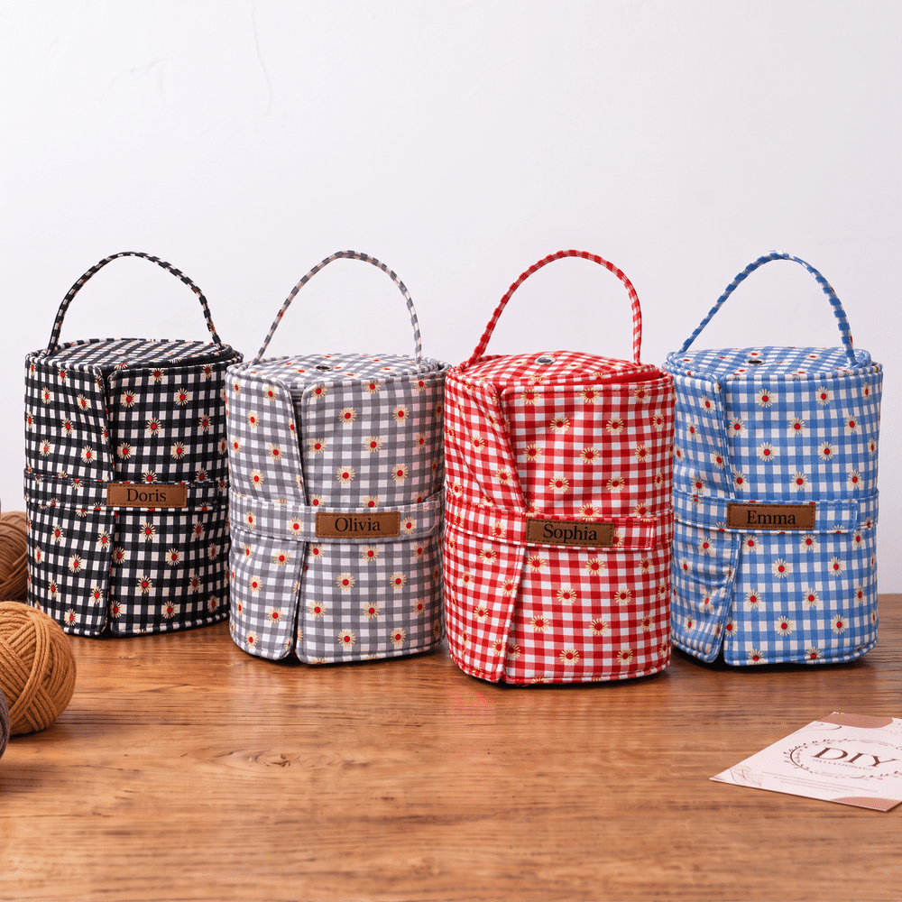 Personalized Daisy Gingham Crochet Hook Organizer Yarn Ball Storage Bag with Name and Handle Daily Use Birthday Gift for Crochet Lovers Women 2