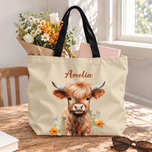 Personalised Large Capacity Watercolor Floral Highland Cow Tote Bag with Name and Zipper Shopping Daily Use Travel Gift for Women Best Friend Family