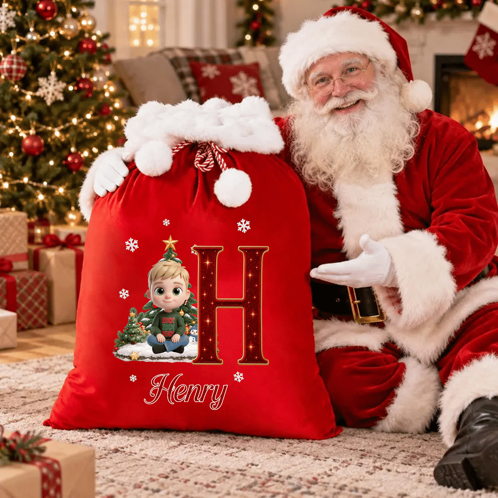 Personalised 3D-Effect Artwork Cartoon Character Photo Velvet Pom-Pom Santa Sack Gift Bag with Name Holiday Decor Christmas Gift for Kids Family 4