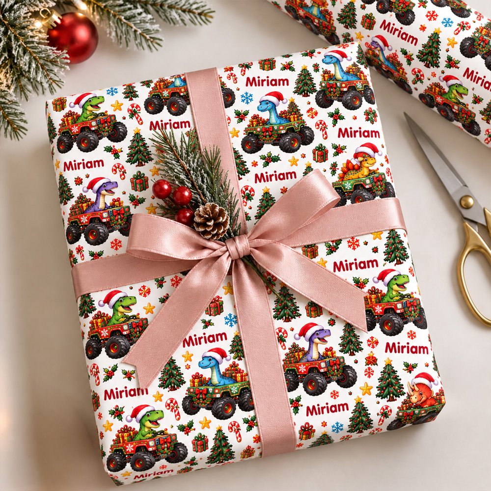 Personalized Dinosaur Truck Name Cloud Wrapping Paper Christmas Gift Decor Holiday Party Favor for Family Kid 3