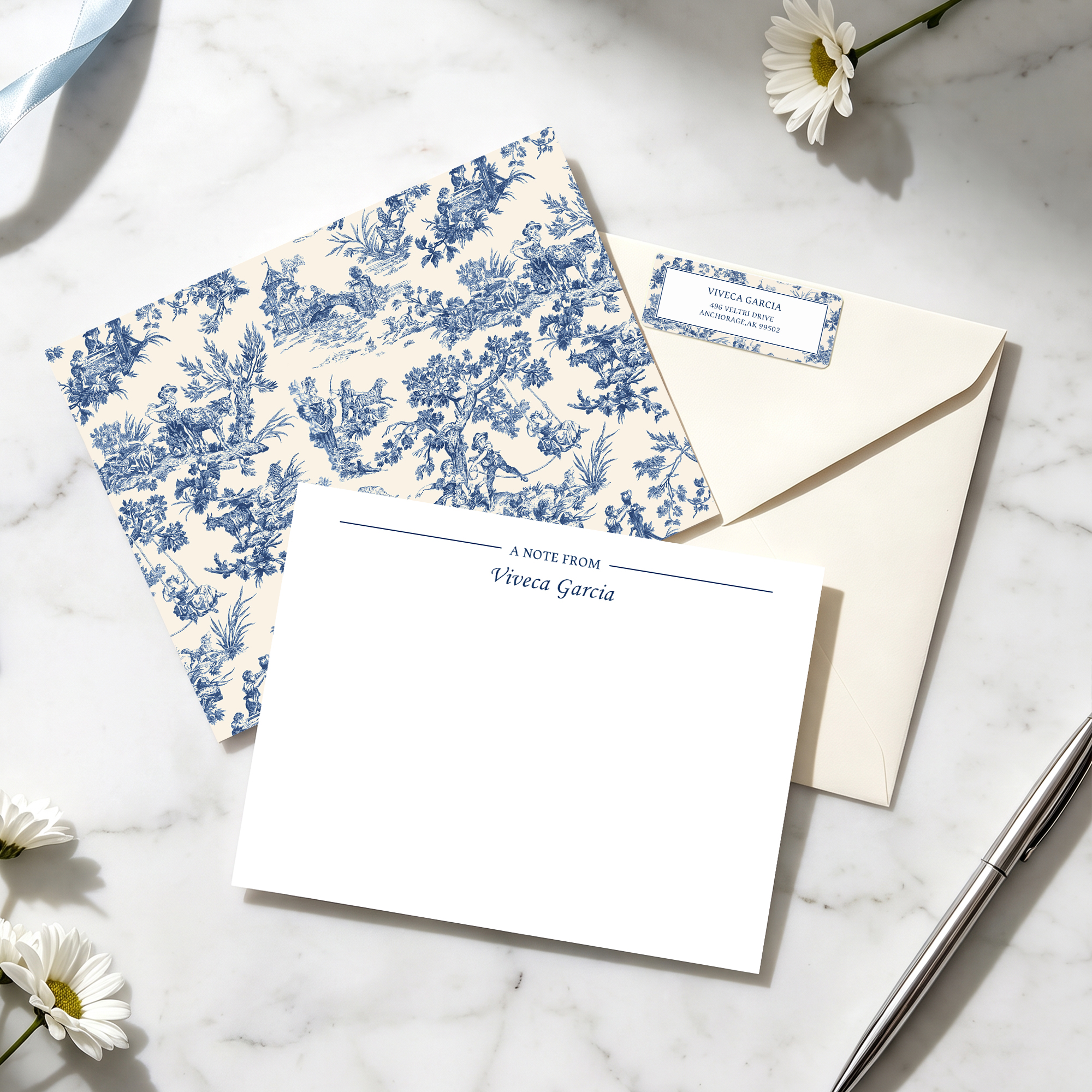 Personalized French Toile De Jouy Print Flat Note Card with Name and Address Sticker Set of 20 Daily Use Birthday Anniversary Gift for Friend Family