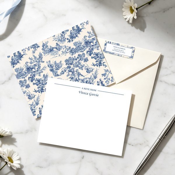 Personalised French Toile De Jouy Print Flat Note Card with Name and Address Sticker Set of 20 Daily Use Birthday Anniversary Gift for Friend Family