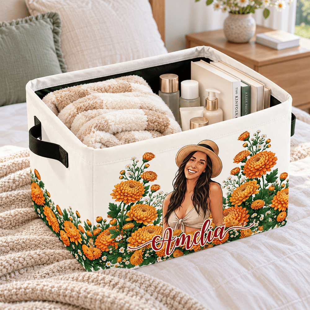 Personalised Birth Flower Portrait Large Capacity Storage Basket with Handle and Name Daily Use Birthday Christmas Gift for Friends Family 6
