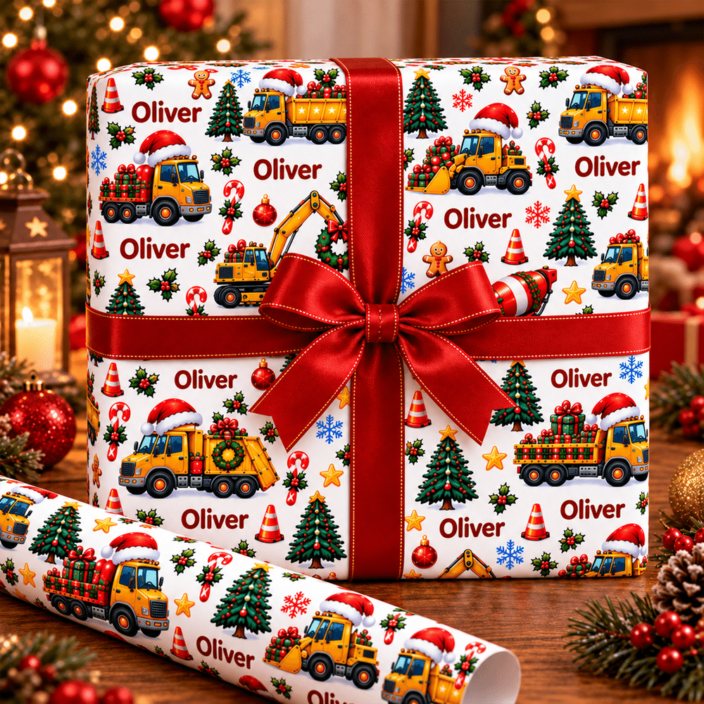 Papel de regalo personalizado con motivos de vehículos de construcción y árboles de Navidad, con nombre, ideal para envolver regalos de Navidad para niños, amigos y familiares 1