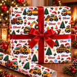Papel de regalo personalizado con motivos de vehículos de construcción y árboles de Navidad, con nombre, ideal para envolver regalos de Navidad para niños, amigos y familiares 1