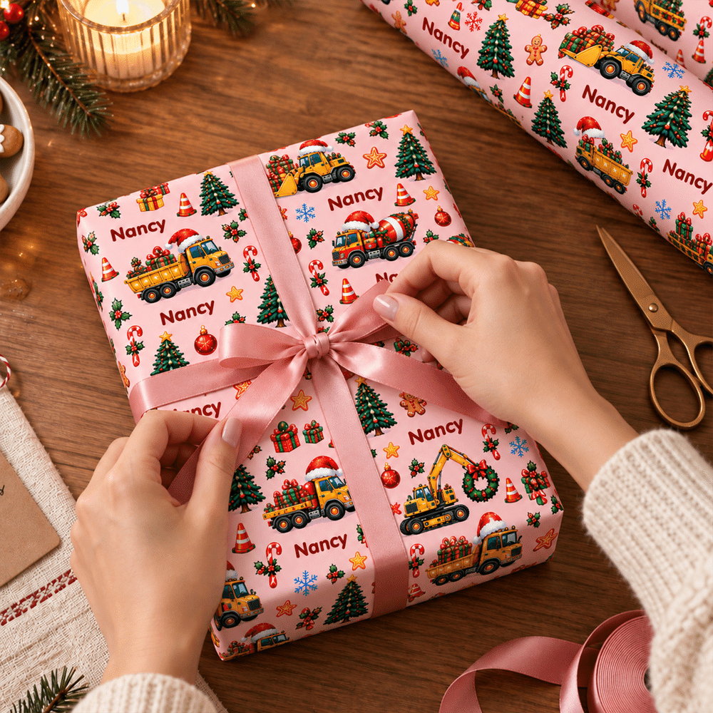 Papel de regalo personalizado con motivos de vehículos de construcción y árboles de Navidad, con nombre, ideal para envolver regalos de Navidad para niños, amigos y familiares 7