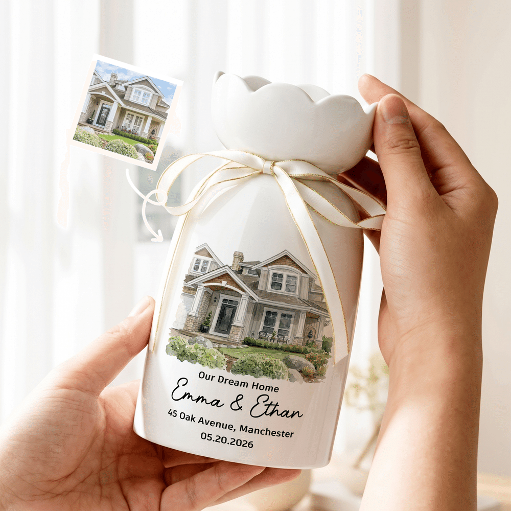 Personalised Watercolor Style House Photo Ceramic Vase with Title and Text Housewarming Gift for Family Friend 1