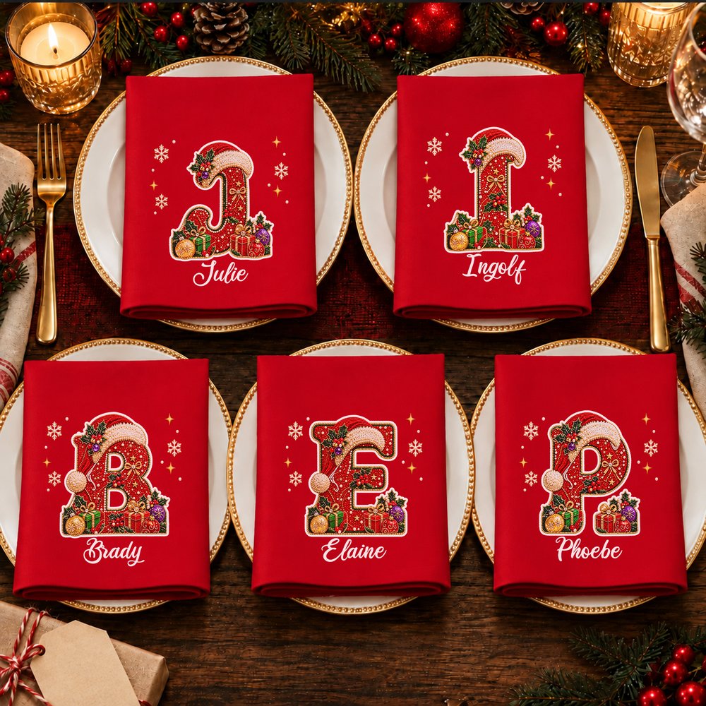Personalised Christmas Faux Rhinestone Initial 100% Cotton Red Napkin with Name Table Decor Christmas Gift for Family Friends 5