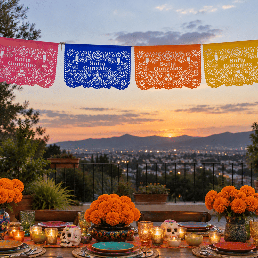 Personalised Mexican Sugar Skull Floral Papel Picado Cutout Banners Flags with Name Fiesta Party Decor Day of the Dead Gift for Loss of Loved One 6