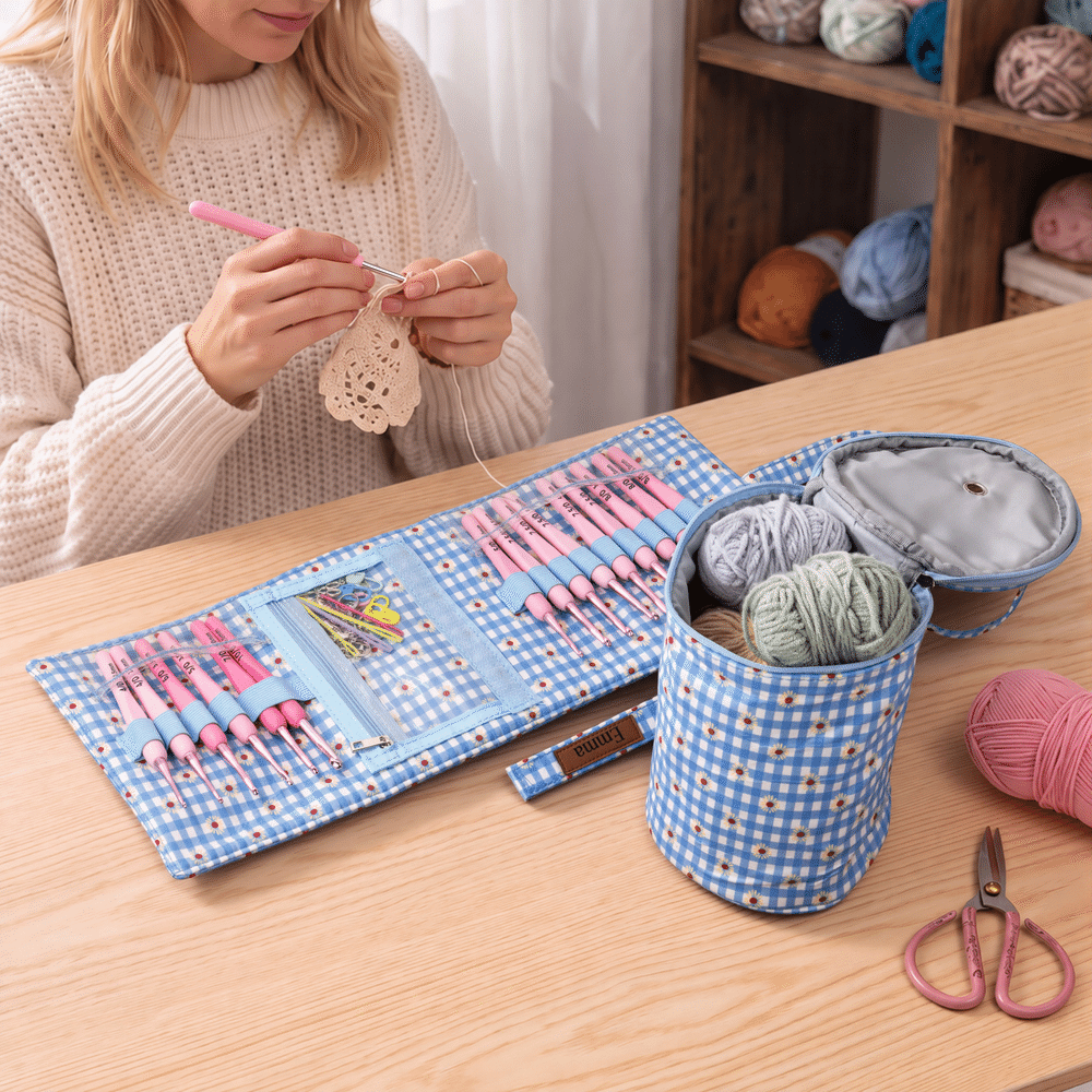 Personalized Daisy Gingham Crochet Hook Organizer Yarn Ball Storage Bag with Name and Handle Daily Use Birthday Gift for Crochet Lovers Women 6
