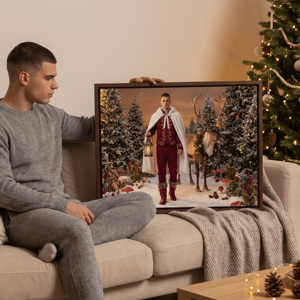 Stampe su tela personalizzate con foto di renne nella foresta di pini innevati – Decorazioni da parete per la casa – Regalo di Natale o di compleanno per familiari e amici 6