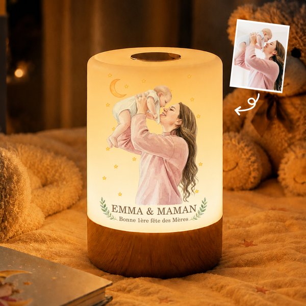 Veilleuse LED tactile personnalisée avec photo titre et texte - Décoraton de chambre avec lumière réglable - Cadeau fête pour les nouvelles mamans