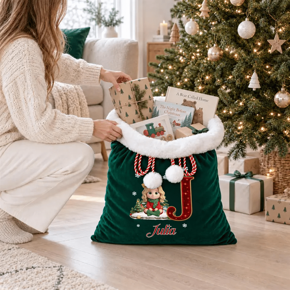 Personalised 3D-Effect Artwork Cartoon Character Photo Velvet Pom-Pom Santa Sack Gift Bag with Name Holiday Decor Christmas Gift for Kids Family 5