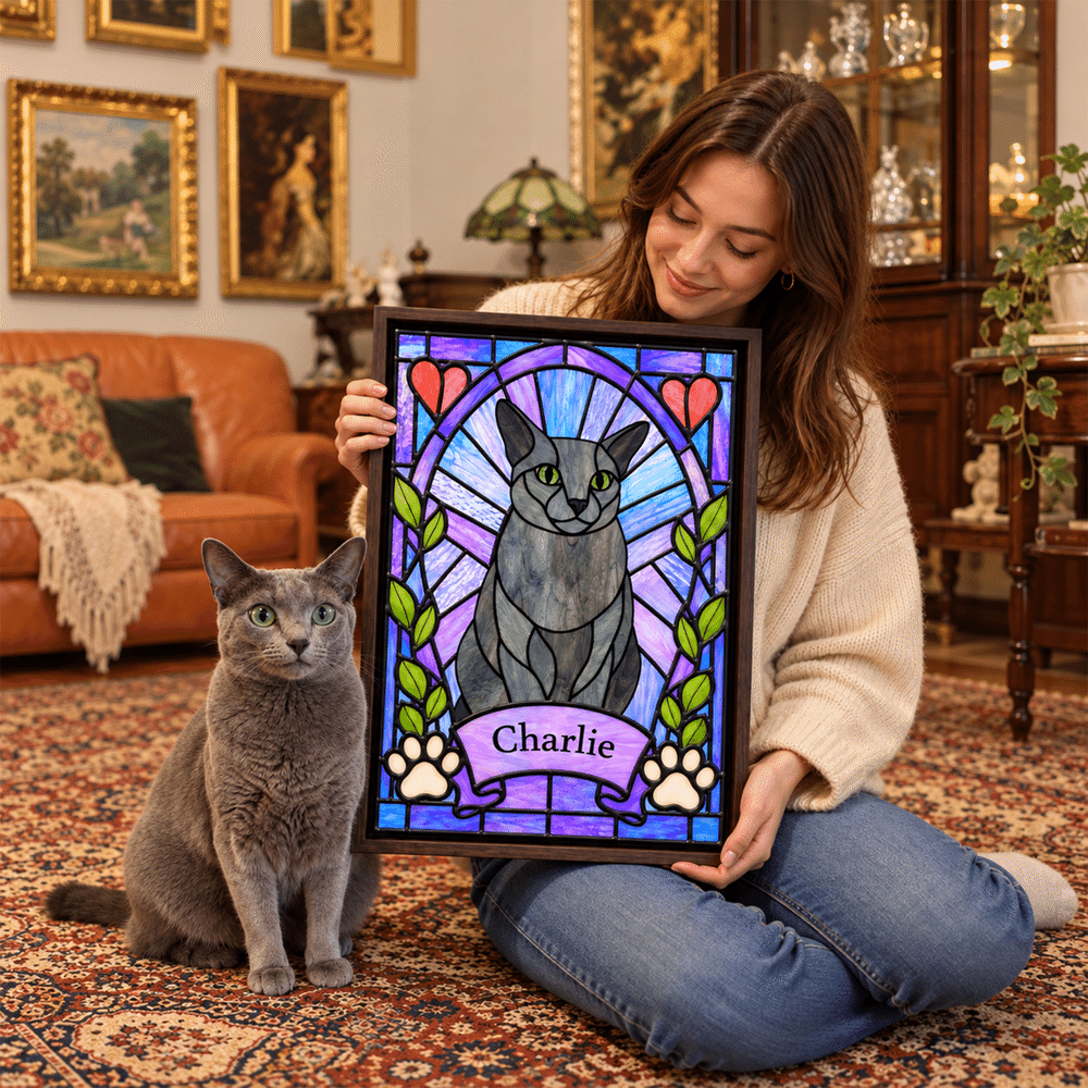 Gepersonaliseerde canvasafdrukken in glas-in-loodstijl met foto van huisdier en naam – Wanddecoratie voor thuis, verjaardagscadeau voor huisdiereigenaren en -liefhebbers 3