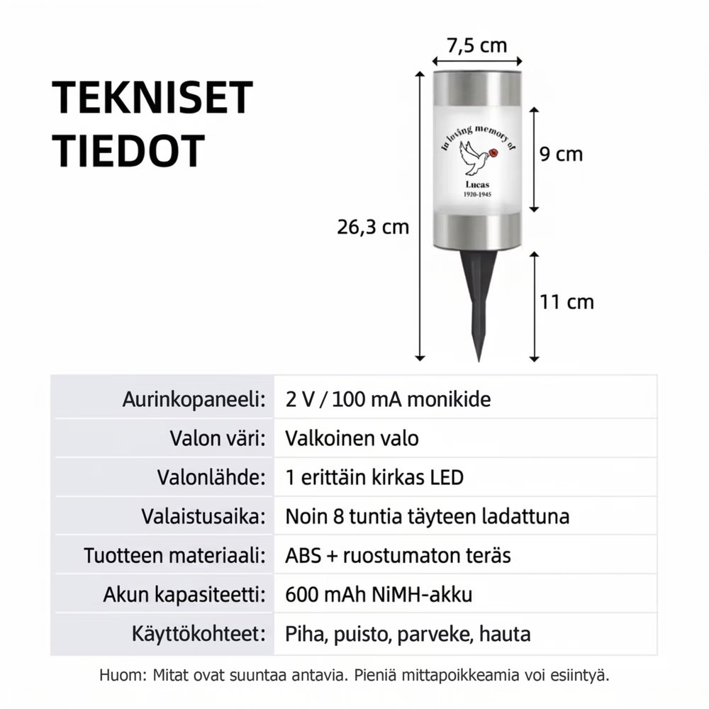Yksilöity aurinkokennolyhty hautakivelle omalla tekstillä ja nimellä kaunis ikuinen muistolyhty rakkaan läheisen muistamiseen 12