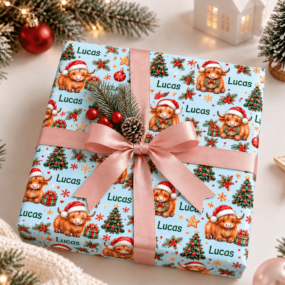 Personalized Highland Cow Christmas Tree Wrapping Paper with Name Christmas Gift for Family Friends 4