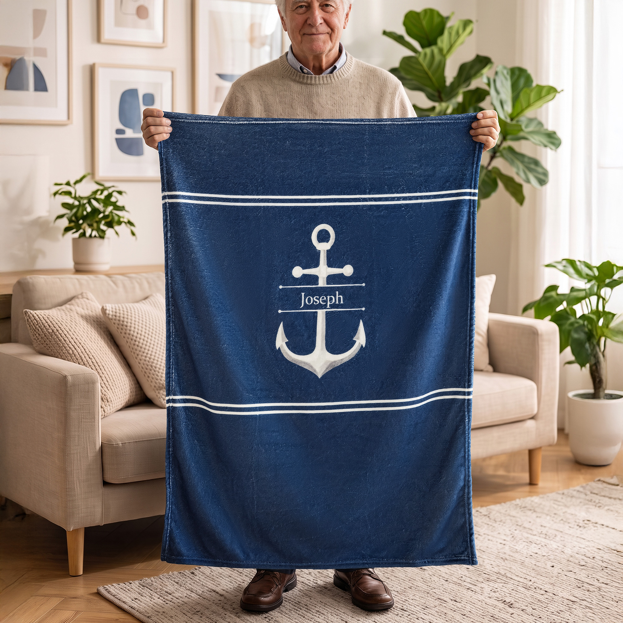 Personalized Boat Anchor Soft Throw Blanket with Name Home Decor Christmas Gift for Father Sailing Enthusiast Boat Owner