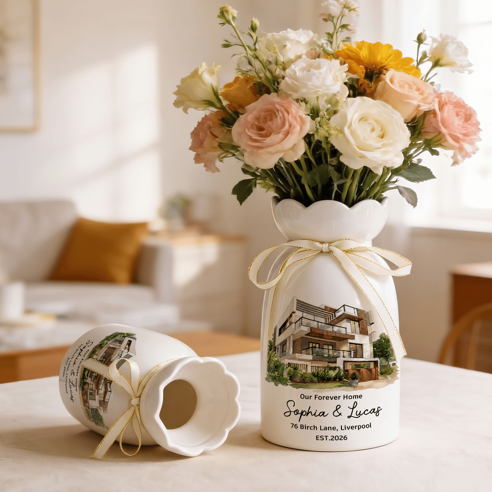 Personalised Watercolor Style House Photo Ceramic Vase with Title and Text Housewarming Gift for Family Friend 4