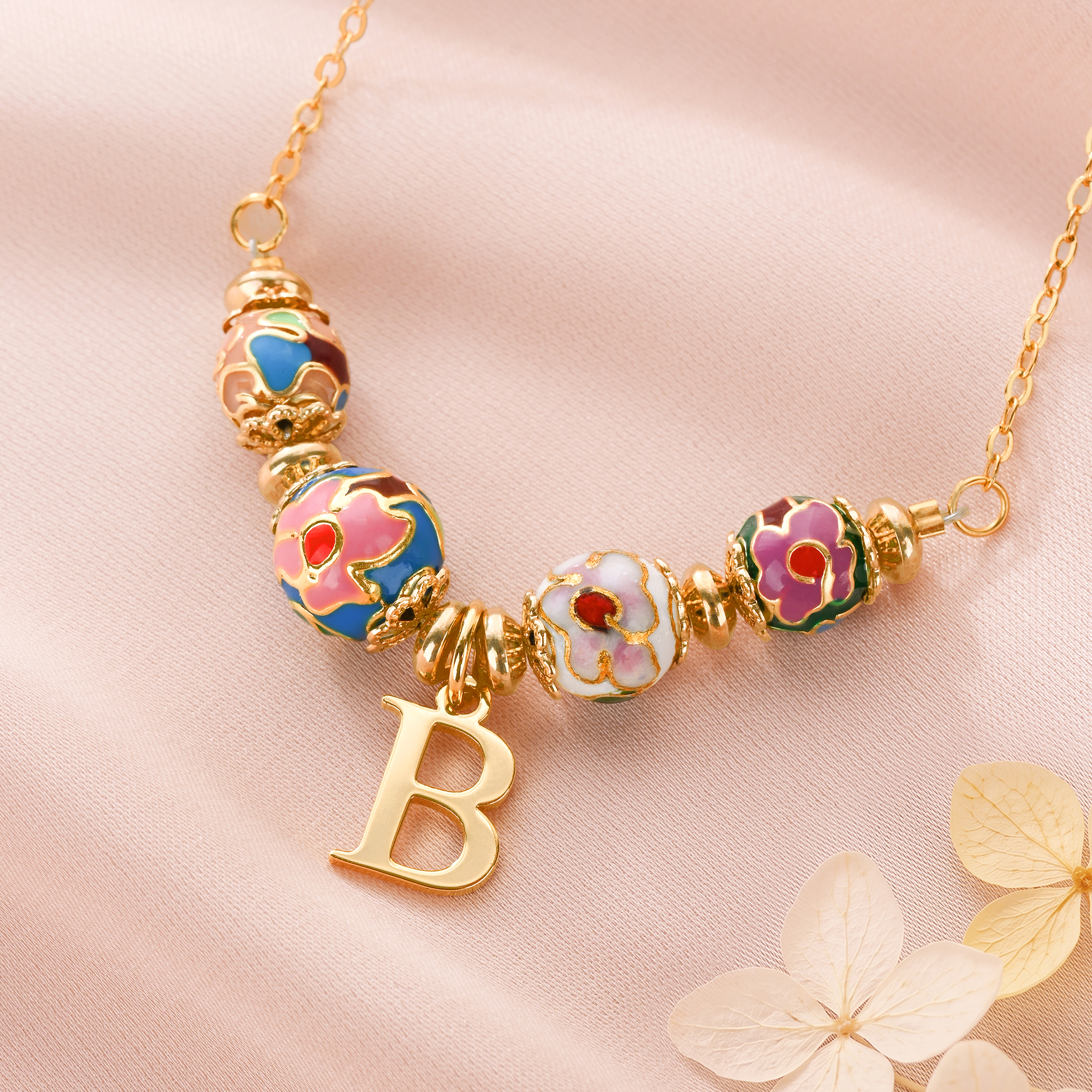 Personalized Bohemian Retro Colorful Enamel Floral Sterling Silver Adjustable Beaded Necklace with Initial Charm Birthday Anniversary Gift for Women