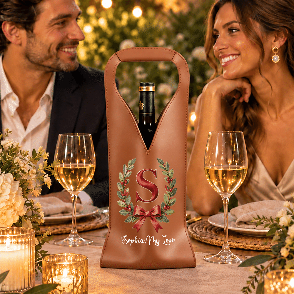 Bolsa protectora para vino personalizada de cuero sintético con inicial, estilo «Red Velvet» y lazo de acebo; regalo navideño con texto para un amante del vino, familiar o amigo 6