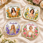 Personalised Elegant Birth Flower Portrait Gold Rim Ceramic Jewellery Dish with Photo and Name Birthday Gift for Women Friends 1