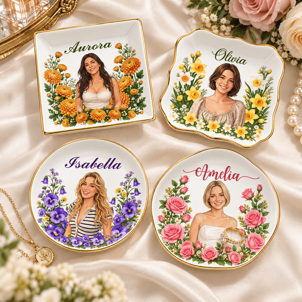 Personalised Elegant Birth Flower Portrait Gold Rim Ceramic Jewellery Dish with Photo and Name Birthday Gift for Women Friends