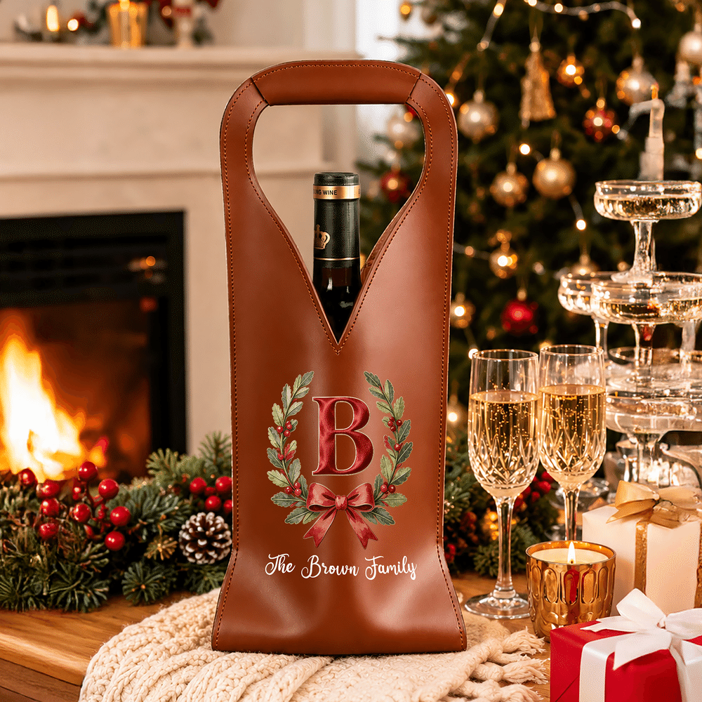 Bolsa protectora para vino personalizada de cuero sintético con inicial, estilo «Red Velvet» y lazo de acebo; regalo navideño con texto para un amante del vino, familiar o amigo 4