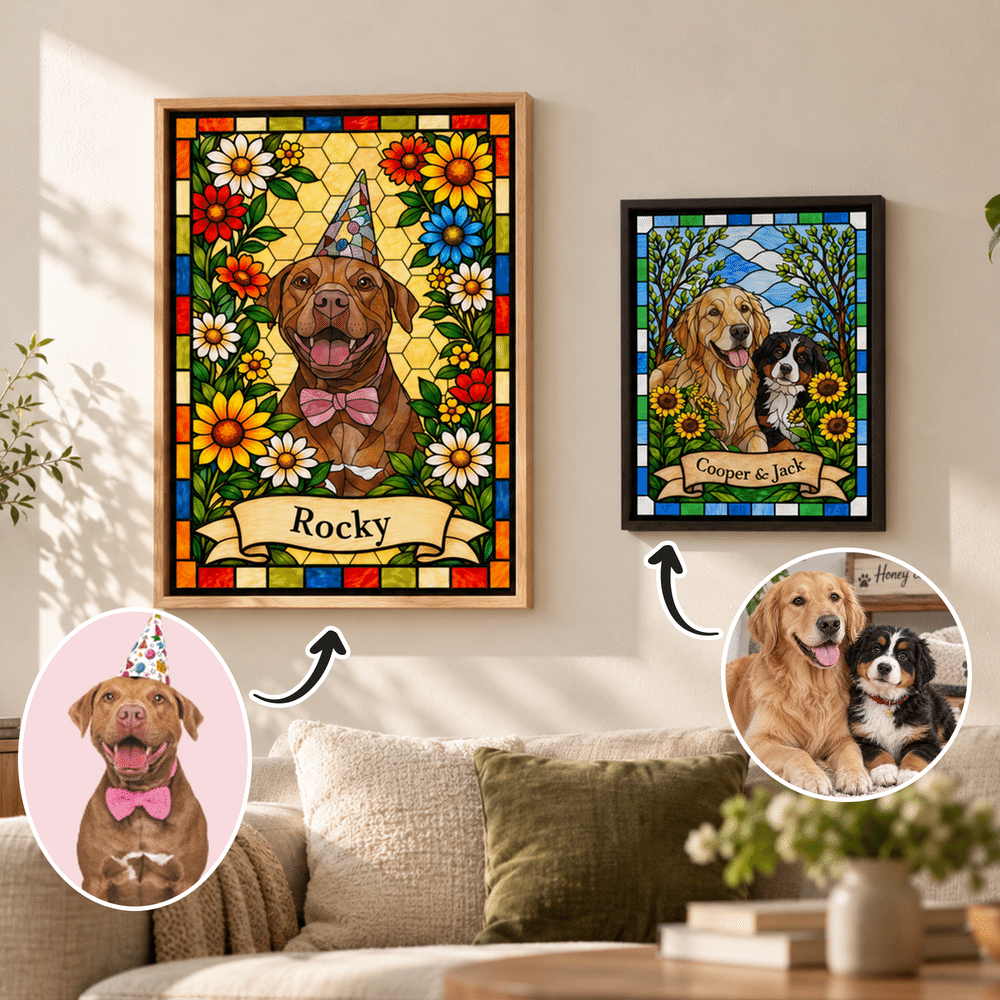 Gepersonaliseerde canvasafdrukken in glas-in-loodstijl met foto van huisdier en naam – Wanddecoratie voor thuis, verjaardagscadeau voor huisdiereigenaren en -liefhebbers 2