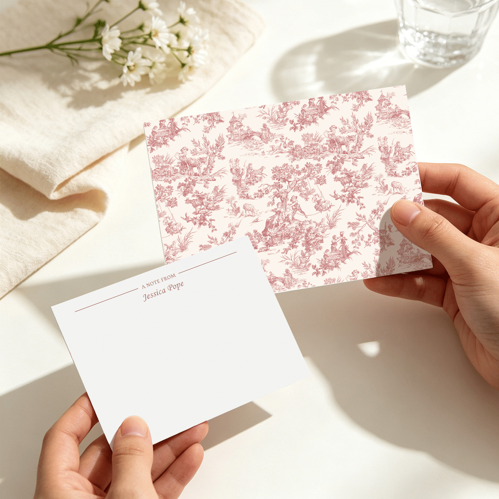 Personalised French Toile De Jouy Print Flat Note Card with Name and Address Sticker Set of 20 Daily Use Birthday Anniversary Gift for Friend Family 8