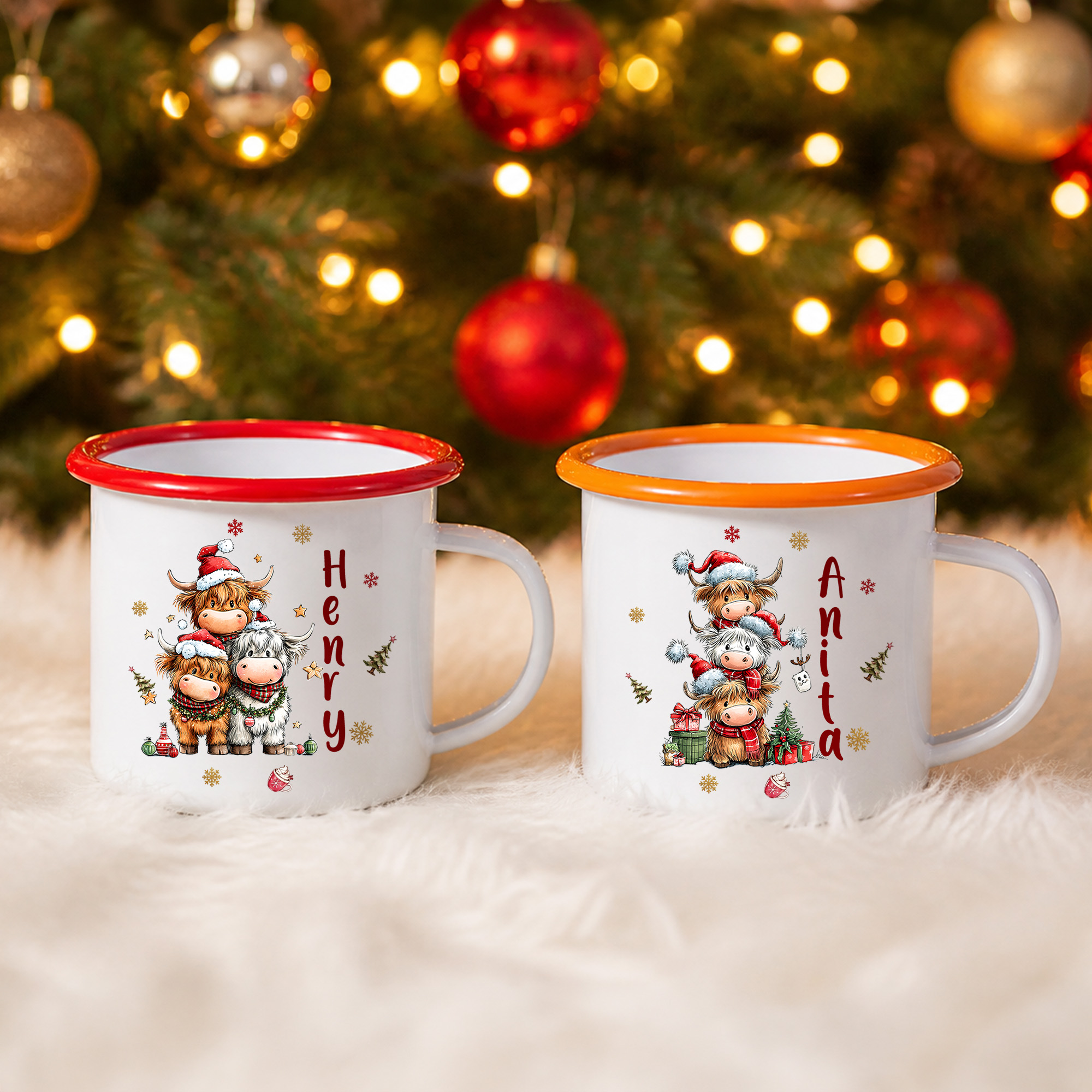 Personalized Christmas Highland Cow Snowflake Gift 12 oz Colorful Rim Enamel Mug with Name Christmas Holiday Gift for Boys Girls