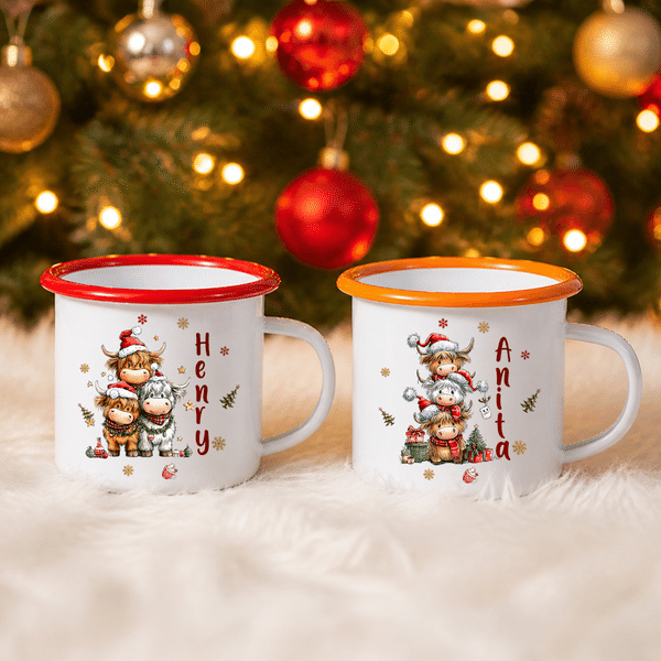 Personalised Christmas Highland Cow Snowflake Gift 12 oz Colourful Rim Enamel Mug with Name Christmas Holiday Gift for Boys Girls
