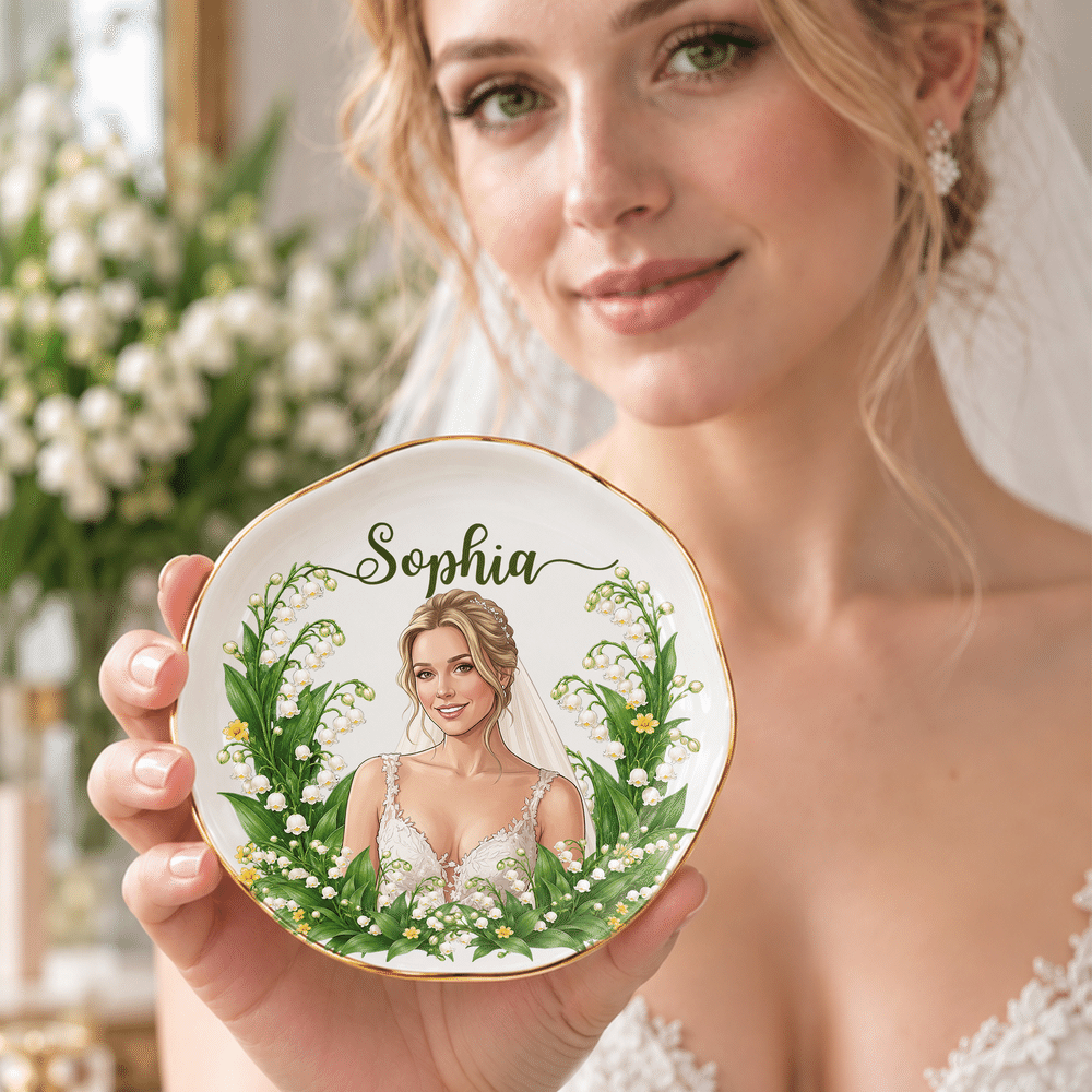 Personalised Elegant Birth Flower Portrait Gold Rim Ceramic Jewellery Dish with Photo and Name Birthday Gift for Women Friends 5