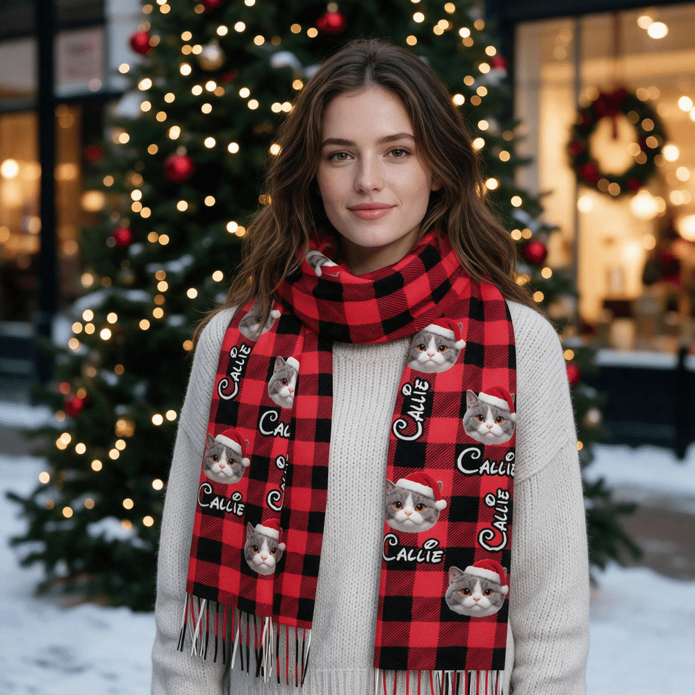 Écharpe personnalisée sur le thème de Noël, avec un personnage de dessin animé représentant votre animal de compagnie, son nom et un pompon – Accessoire d'hiver, cadeau de Noël idéal pour les propriétaires d'animaux de compagnie 5