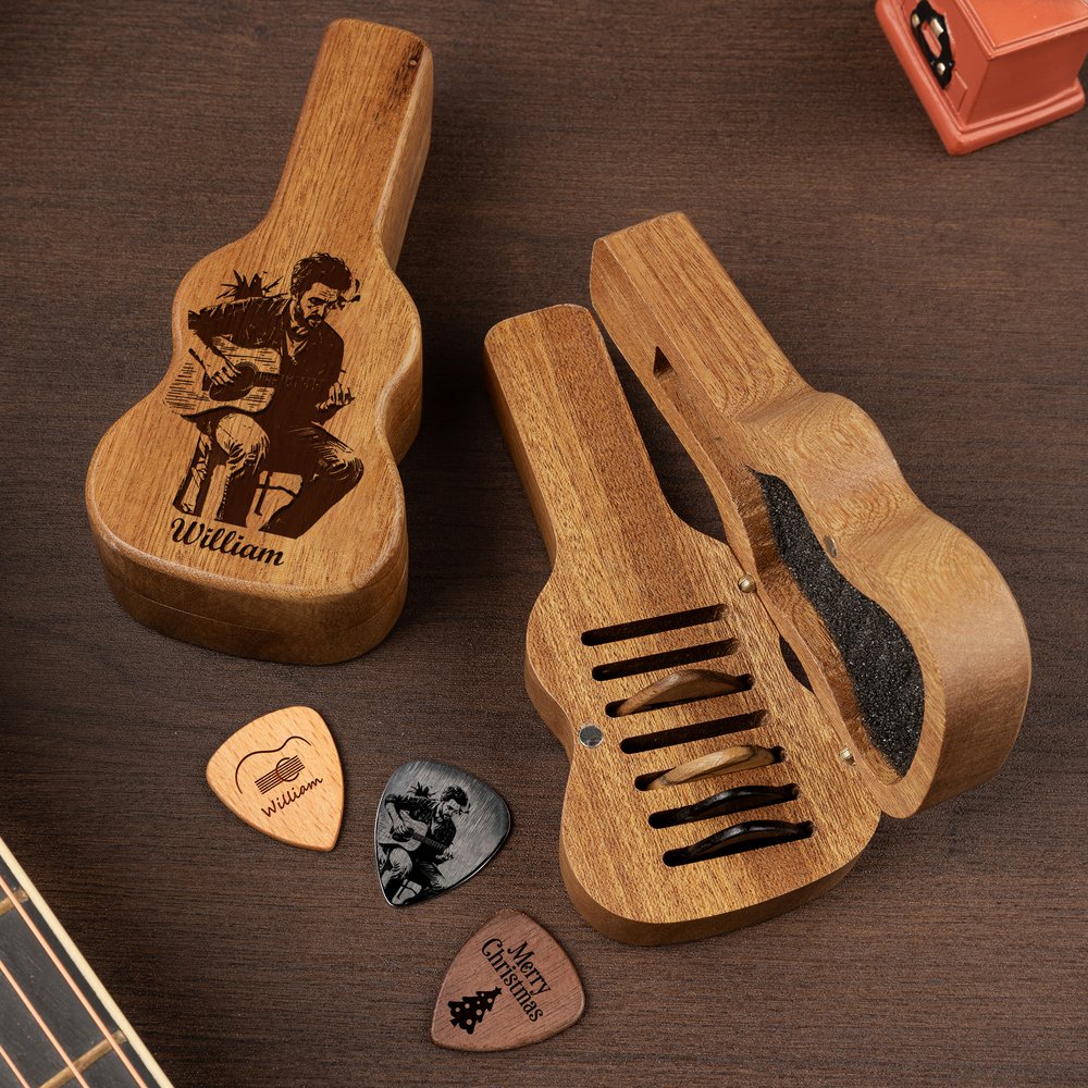 Personalized Engraved Photo Pattern Wooden Guitar Pick Holder Case Set with Name and Text Music Accessories Birthday Gift for Guitar Player 2