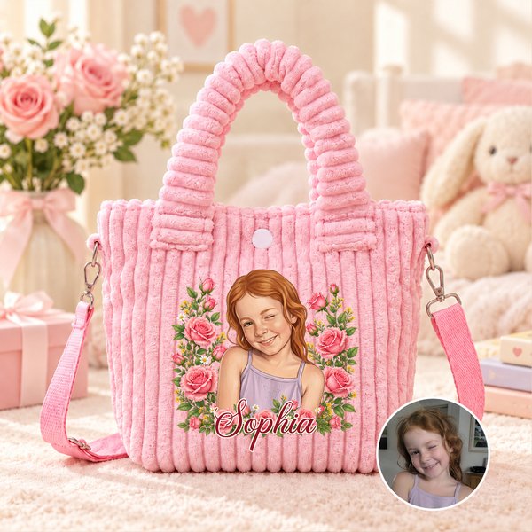 Personalized Birth Flower Cartoon Character Photo Corduroy Kid Crossbody Bag with Name Birthday Gift for Girls
