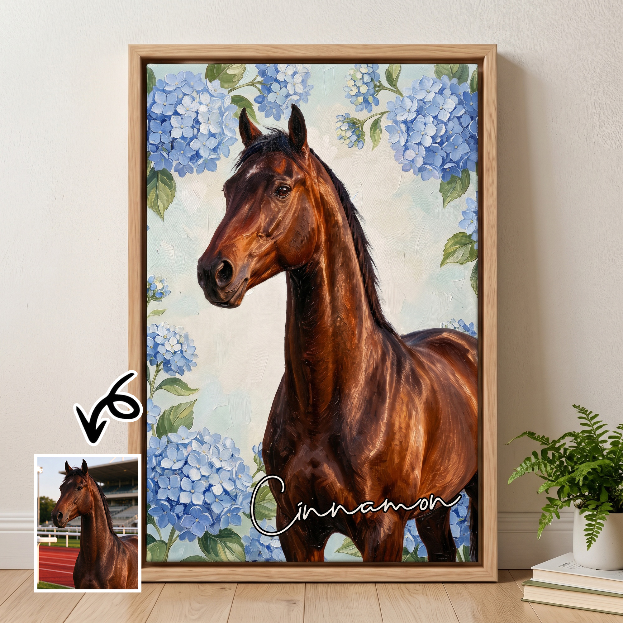 Personalized Realistic Oil Painting Horse Portrait Birth Flower Canvas Print with Name Home Decor Housewarming Birthday Gift for Horse Owners